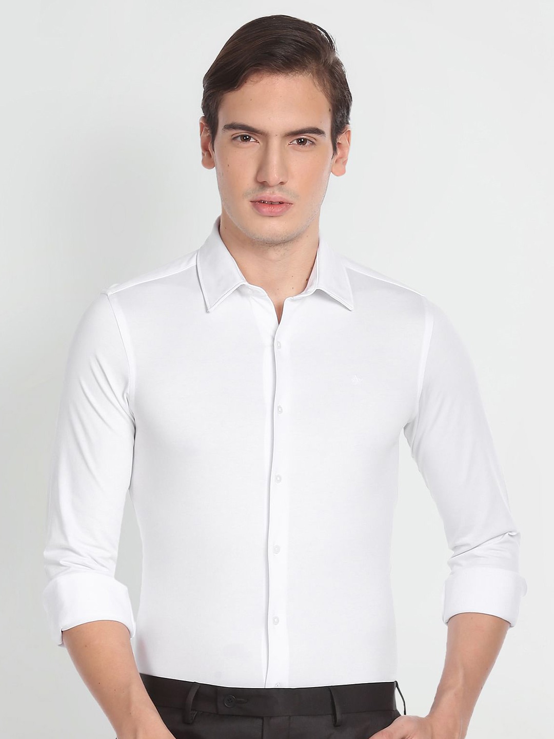 

Arrow Spread Collar Slim Fit Opaque Knitted Formal Shirt, White