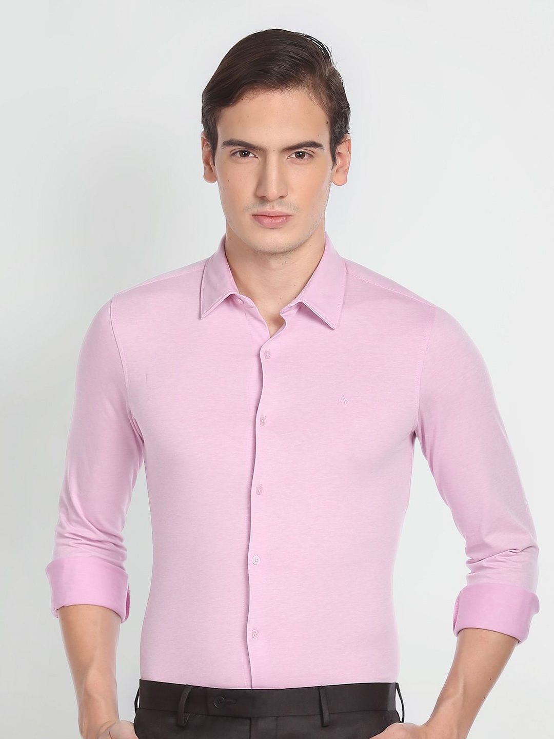 

Arrow Spread Collar Slim Fit Opaque Knitted Formal Shirt, Pink