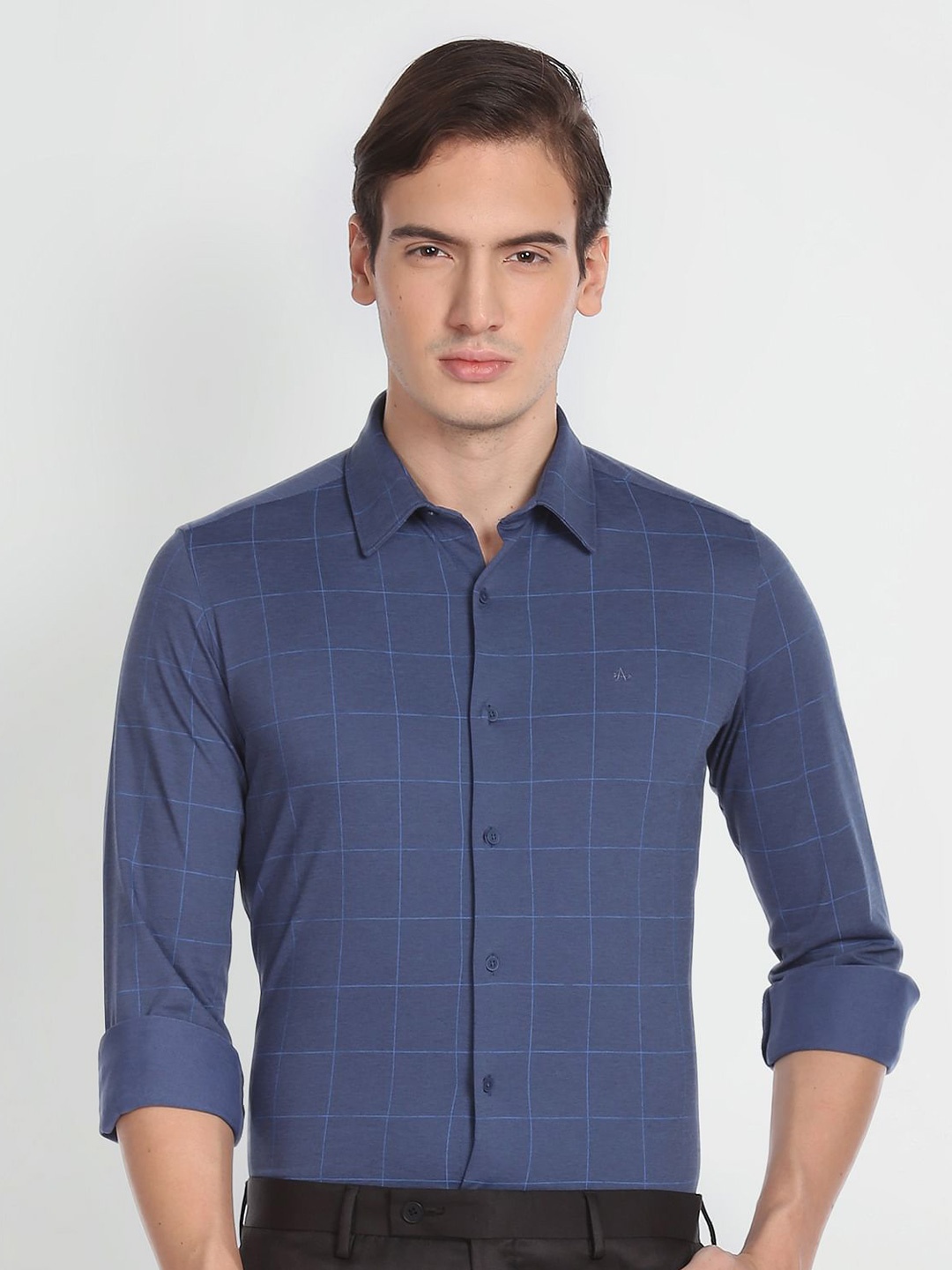 

Arrow Slim Fit Windowpane Checks Opaque Checked Knitted Formal Shirt, Blue