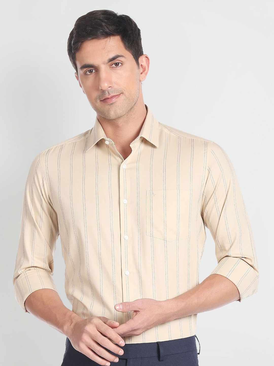 

Arrow Striped Spread Collar Slim Fit Opaque Twill Pure Cotton Formal Shirt, Beige