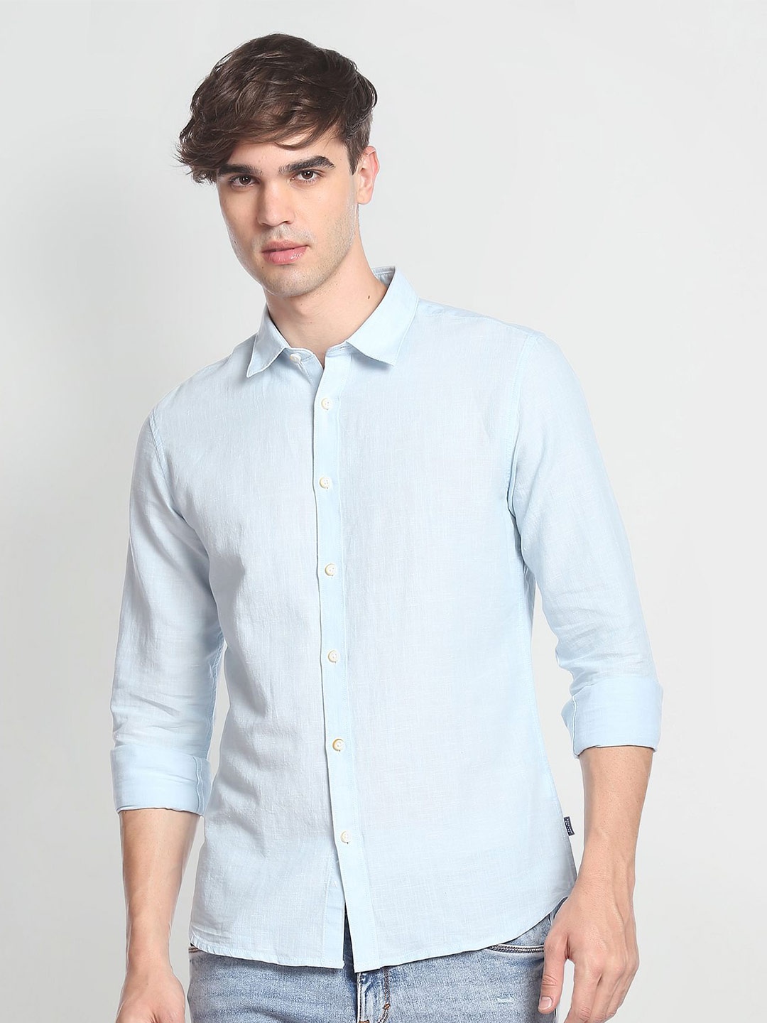 

Flying Machine Spread Collar Slim Fit Casual Shirt, Blue