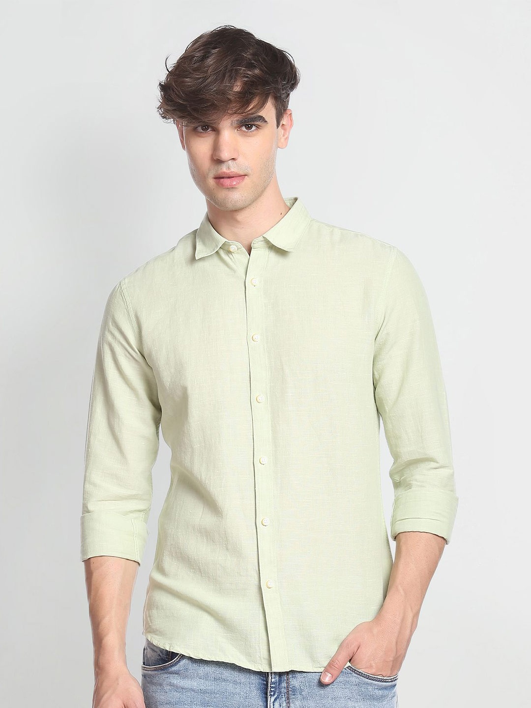 

Flying Machine Spread Collar Slim Fit Casual Shirt, Green