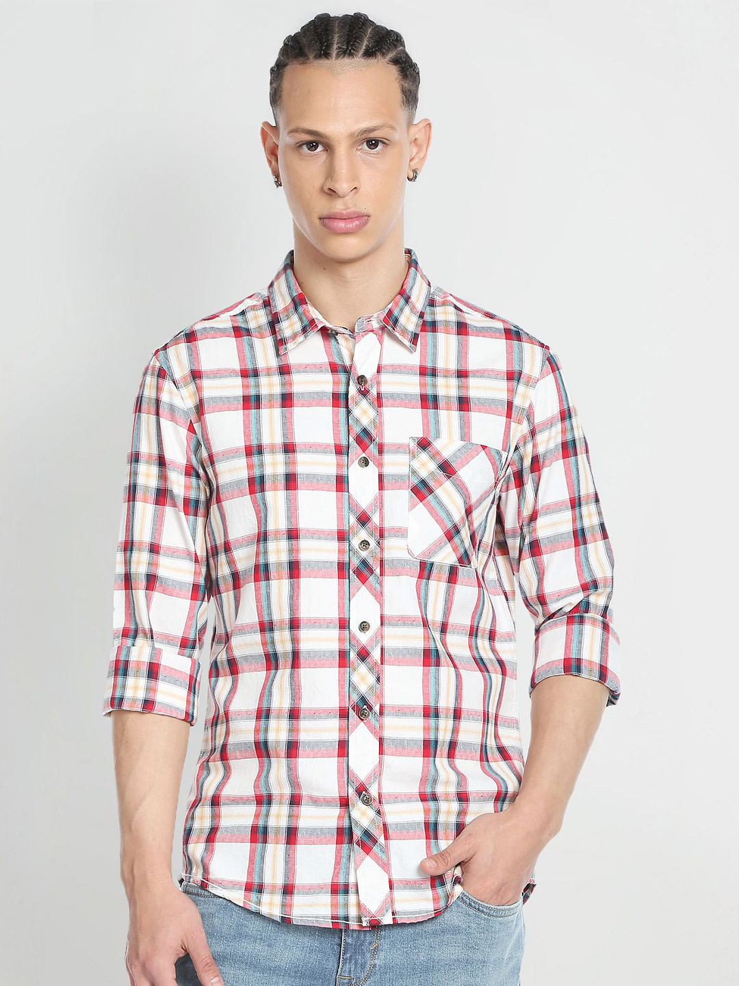 

Flying Machine Slim Fit Checked Pure Cotton Casual Shirt, White
