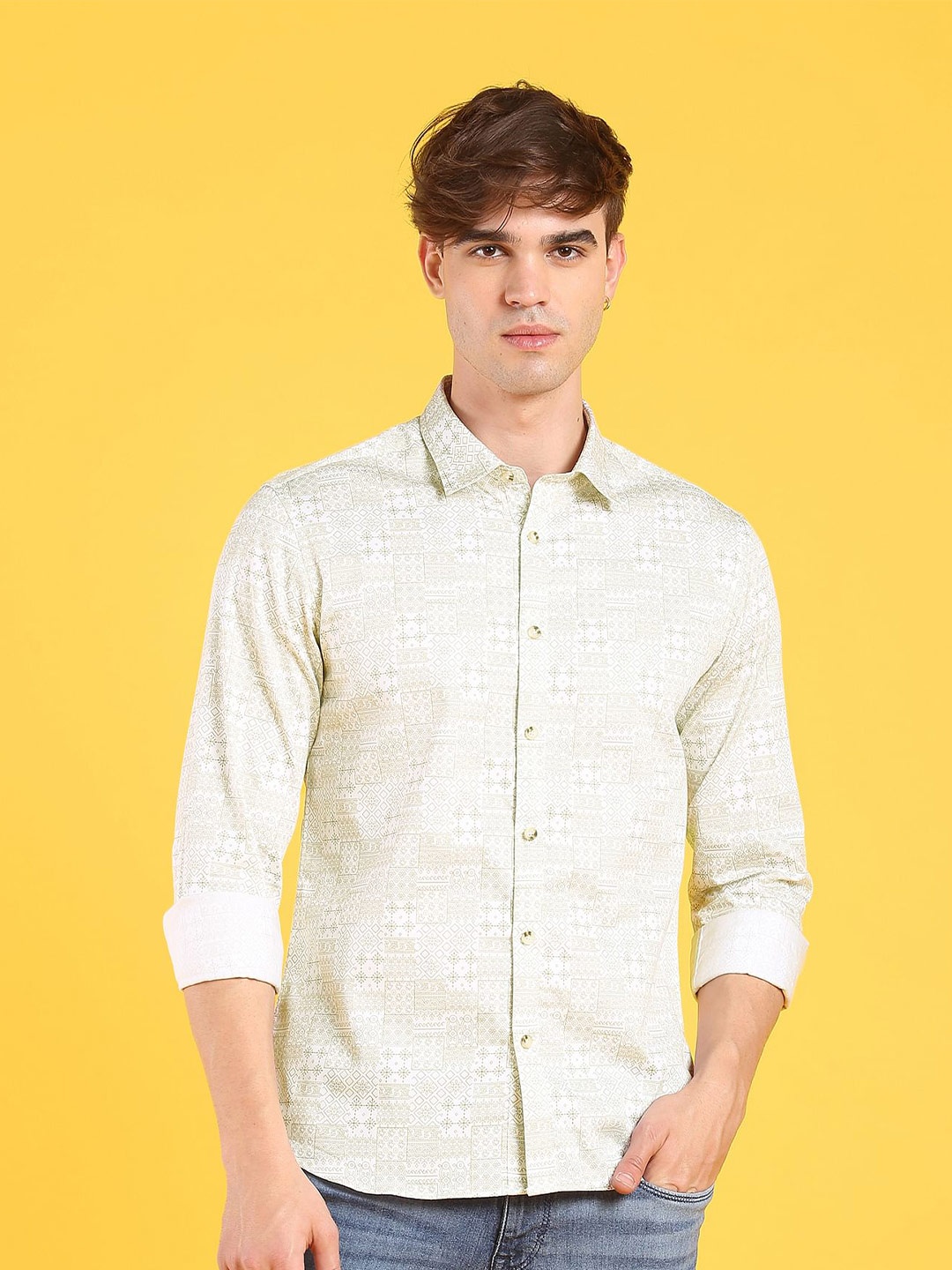 

Flying Machine Geometric Printed Slim Fit Cotton Casual Shirt, Beige