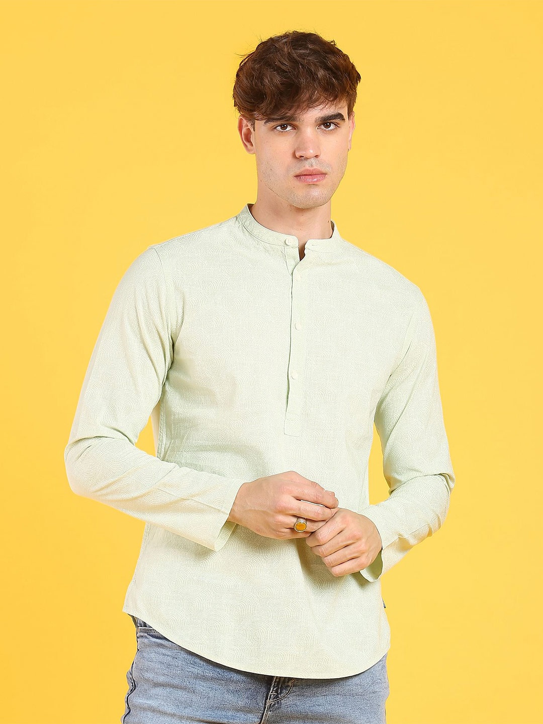 

Flying Machine Mandarin Collar Slim Fit Cotton Casual Shirt, Green