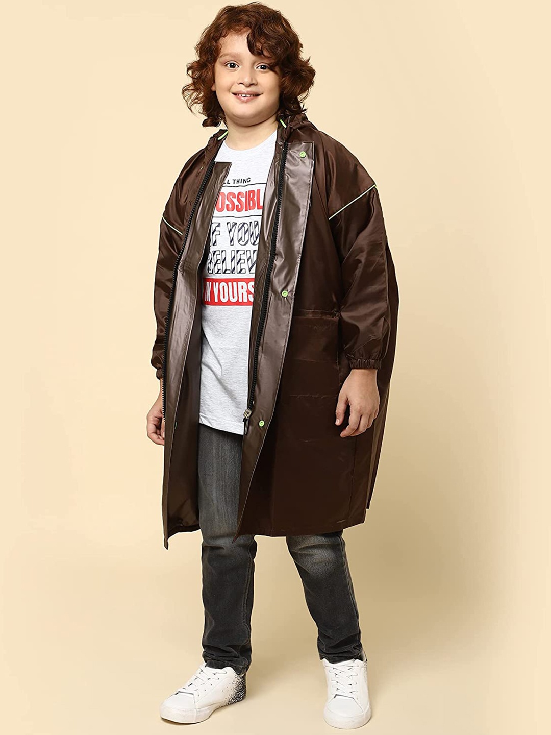 

THE CLOWNFISH Kids Waterproof Hooded Rain Jacket, Brown