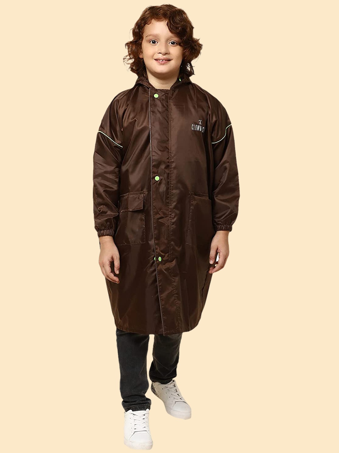 

THE CLOWNFISH Kids Waterproof Reversible Hooded Long Rain Jacket, Brown