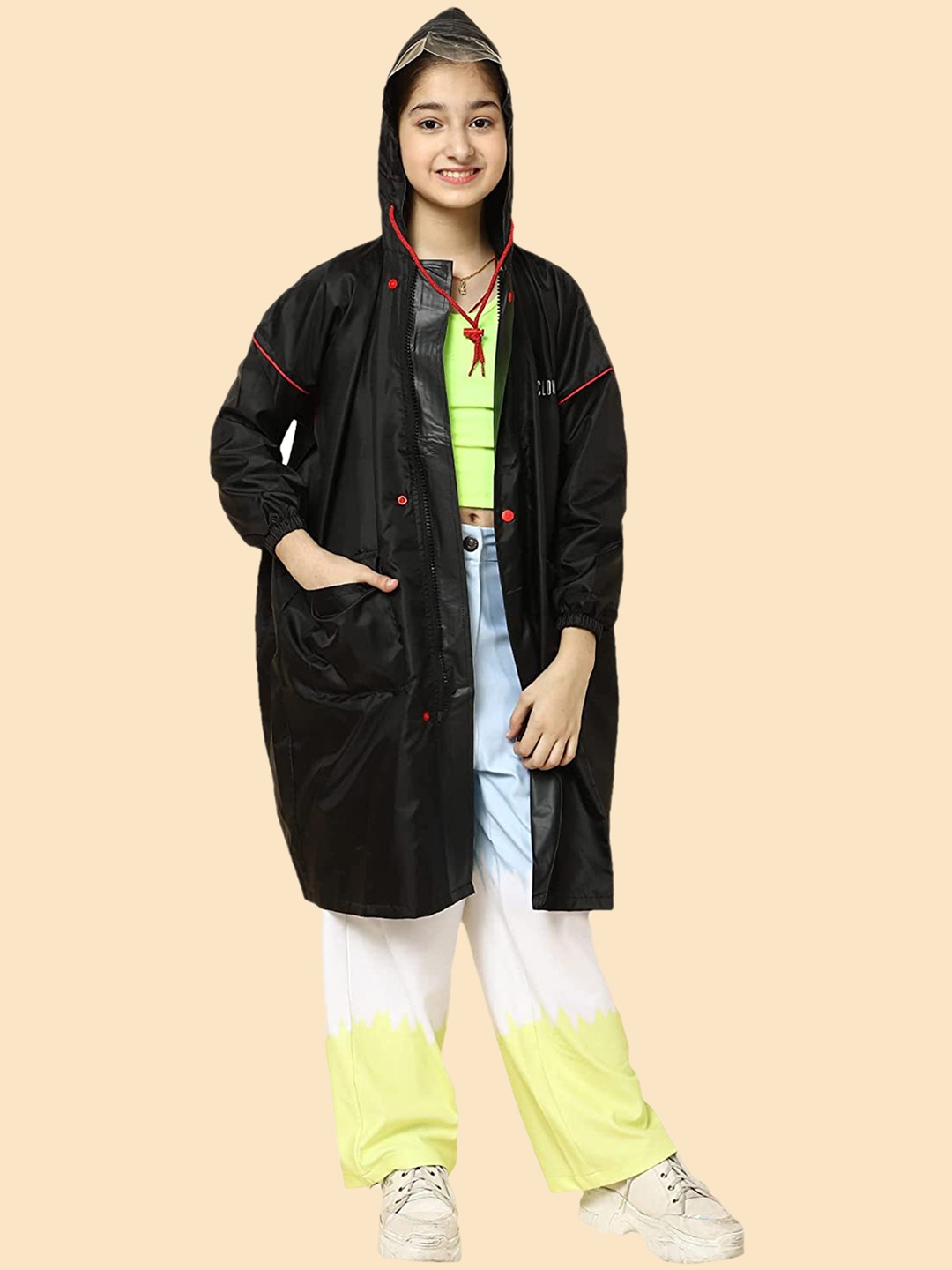

THE CLOWNFISH Kids Waterproof Hooded Rain Jacket, Black