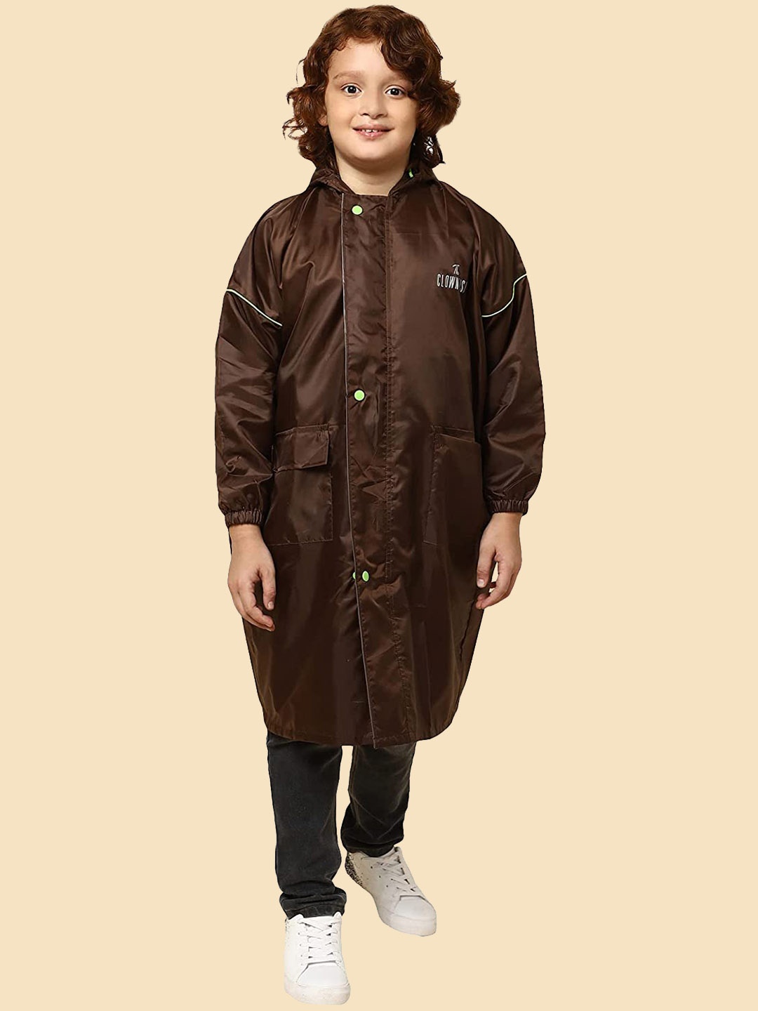 

THE CLOWNFISH Kids Waterproof Reversible Hooded Long Rain Jacket, Brown