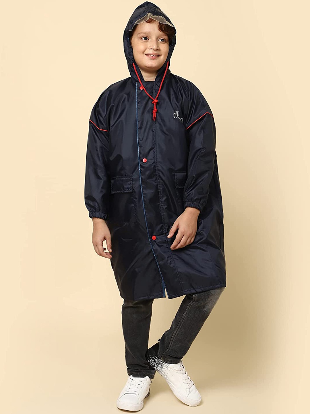 

THE CLOWNFISH Kids Waterproof Reversible Hooded Long Rain Jacket, Blue