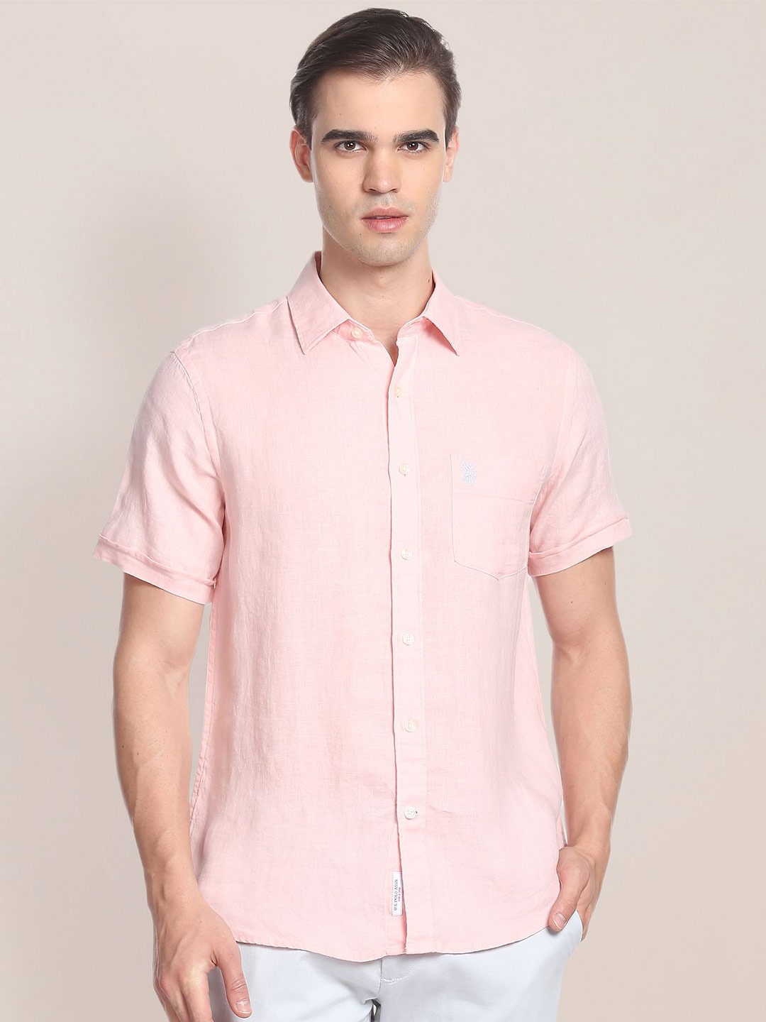 

U.S. Polo Assn. Men Roll-Up Sleeves Short Sleeves Casual Shirt, Pink
