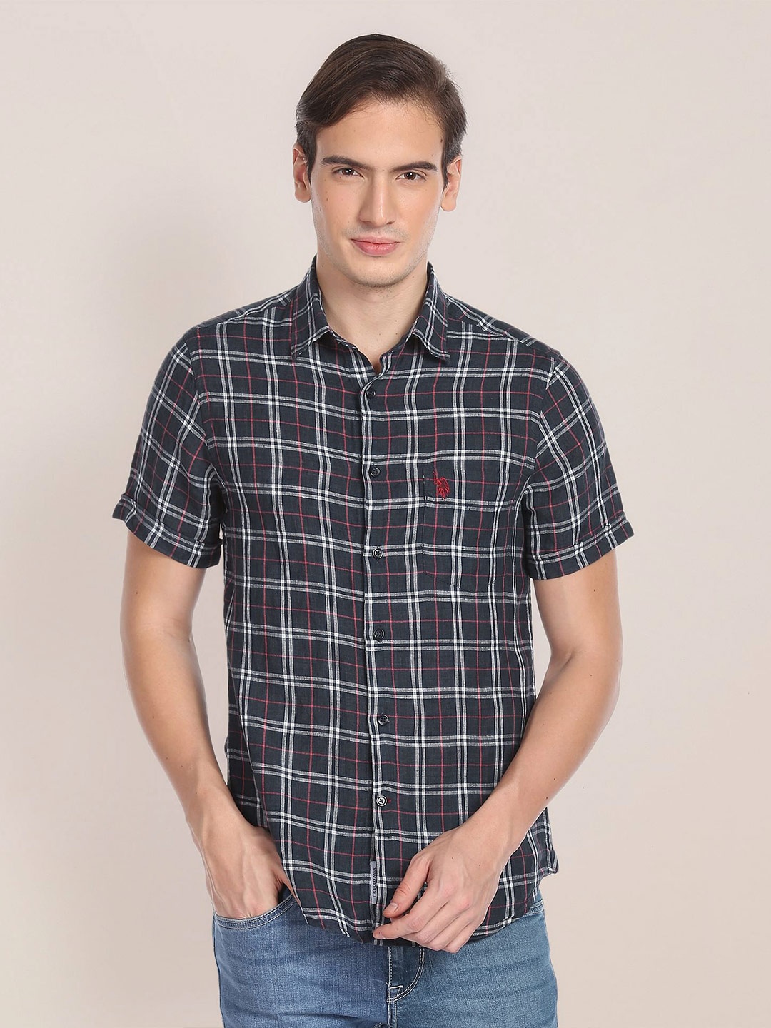 

U.S. Polo Assn. Men Tartan Checked Short Sleeves Casual Shirt, Navy blue