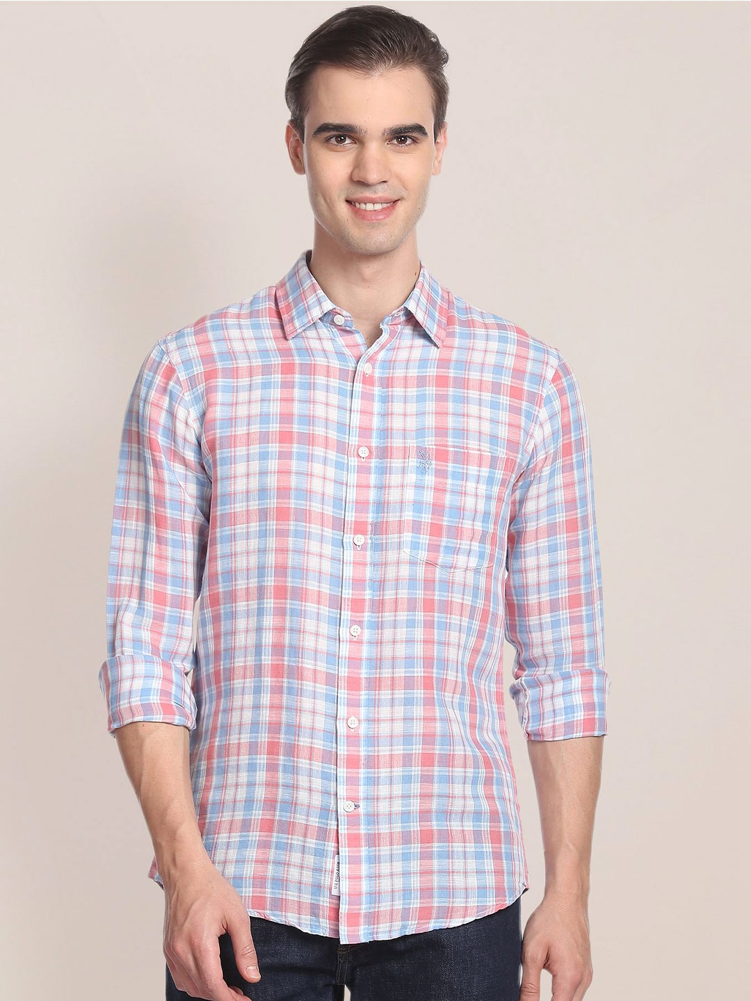 

U.S. Polo Assn. Men Tartan Checks Spread Collar Long Sleeves Casual Shirt, White
