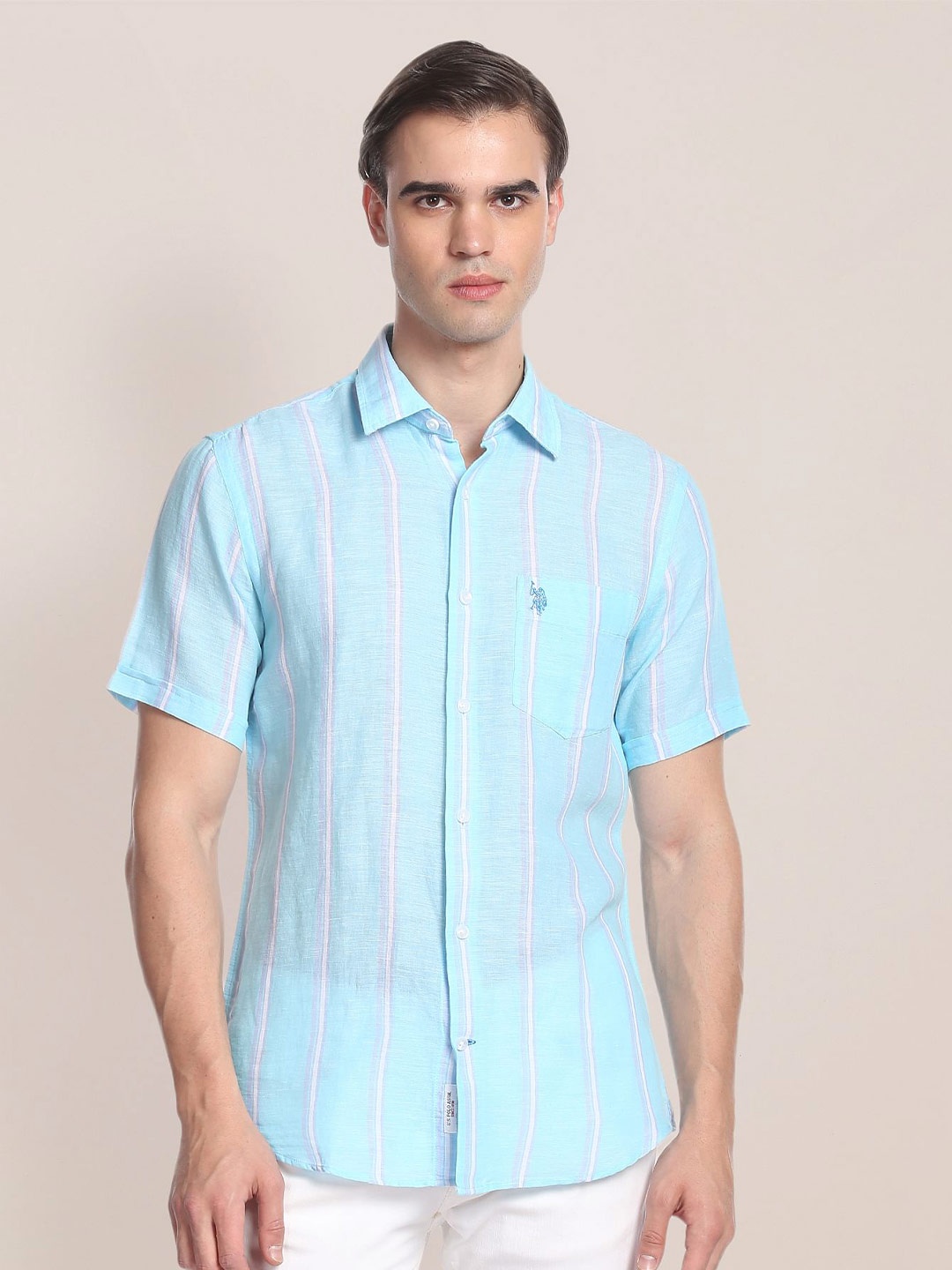 

U.S. Polo Assn. Men Striped Spread Collar Short Sleeves Casual Shirt, Blue