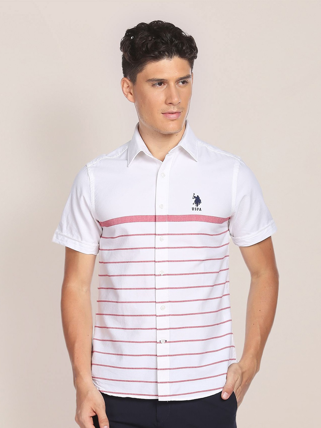 

U.S. Polo Assn. Men Striped Spread Collar Short Sleeves Pure Cotton Casual Shirt, White