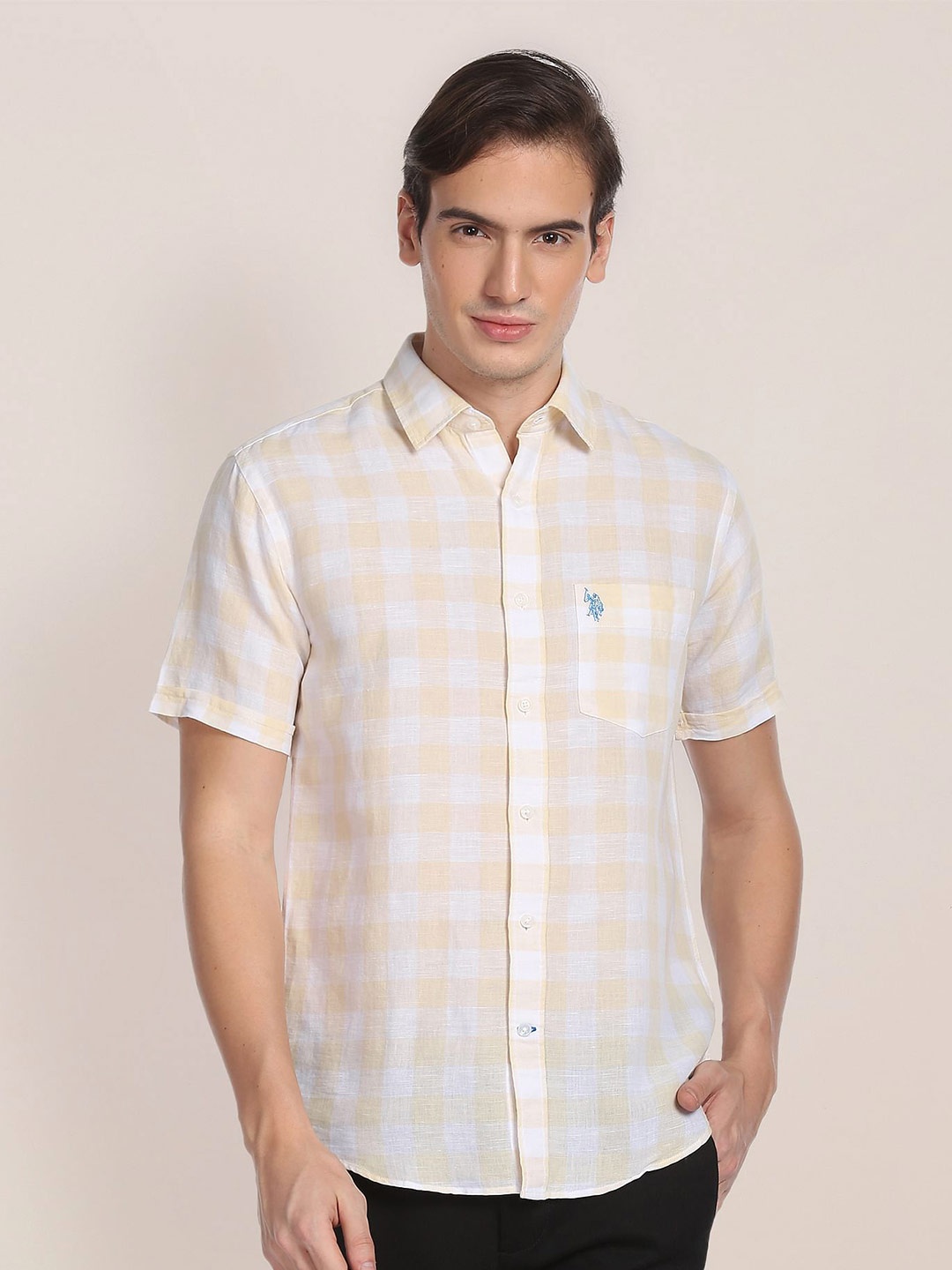 

U.S. Polo Assn. Men Buffalo Checks Spread Collar Short Sleeves Casual Shirt, Yellow