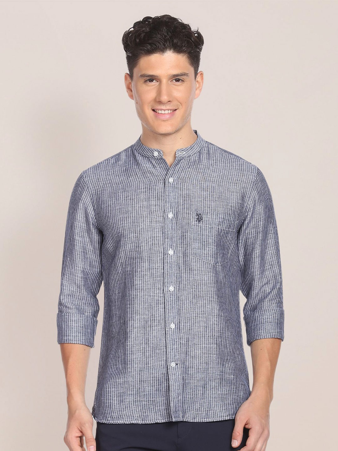 

U.S. Polo Assn. Vertical Striped Mandarin Collar Casual Shirt, Grey