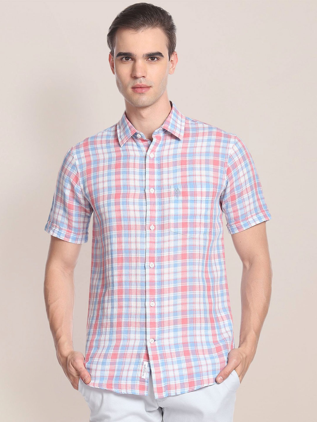 

U.S. Polo Assn. Men Tartan Checks Spread Collar Short Sleeves Casual Shirt, White