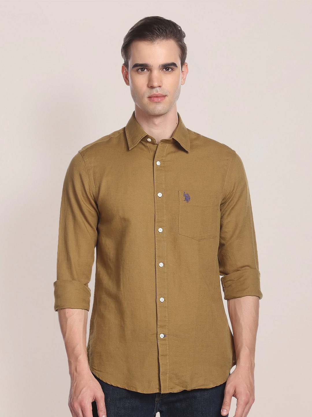 

U.S. Polo Assn. Men Spread Collar Long Sleeves Casual Shirt, Khaki