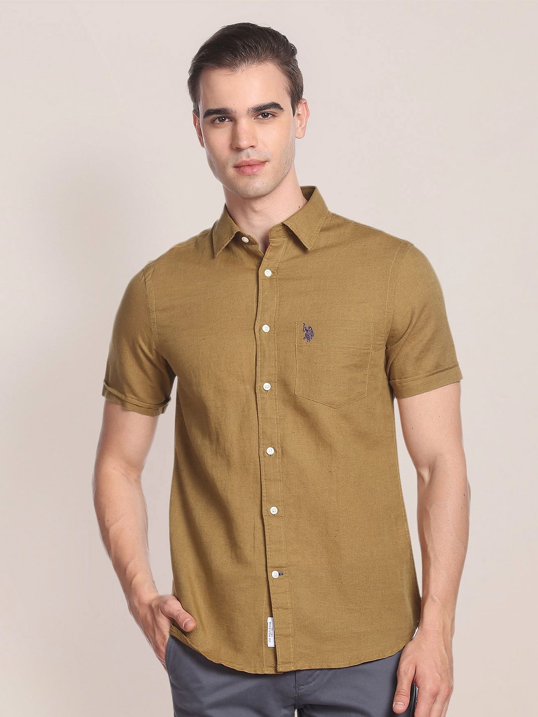 

U.S. Polo Assn. Men Spread Collar Short Sleeves Casual Shirt, Khaki
