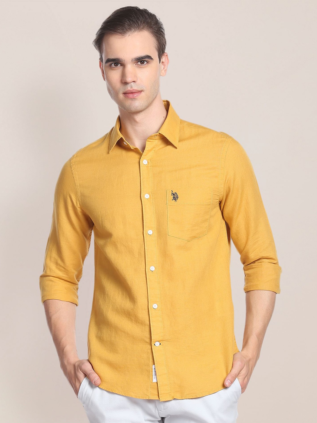 

U.S. Polo Assn. Men Spread Collar Long Sleeves Casual Shirt, Mustard