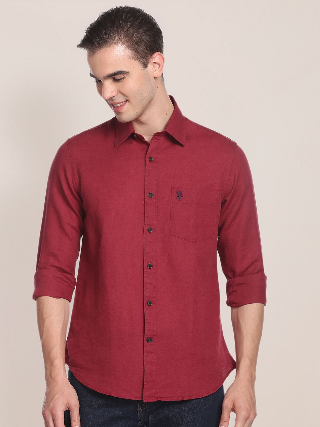 

U.S. Polo Assn. Men Spread Collar Long Sleeves Regular Fit Casual Shirt, Red