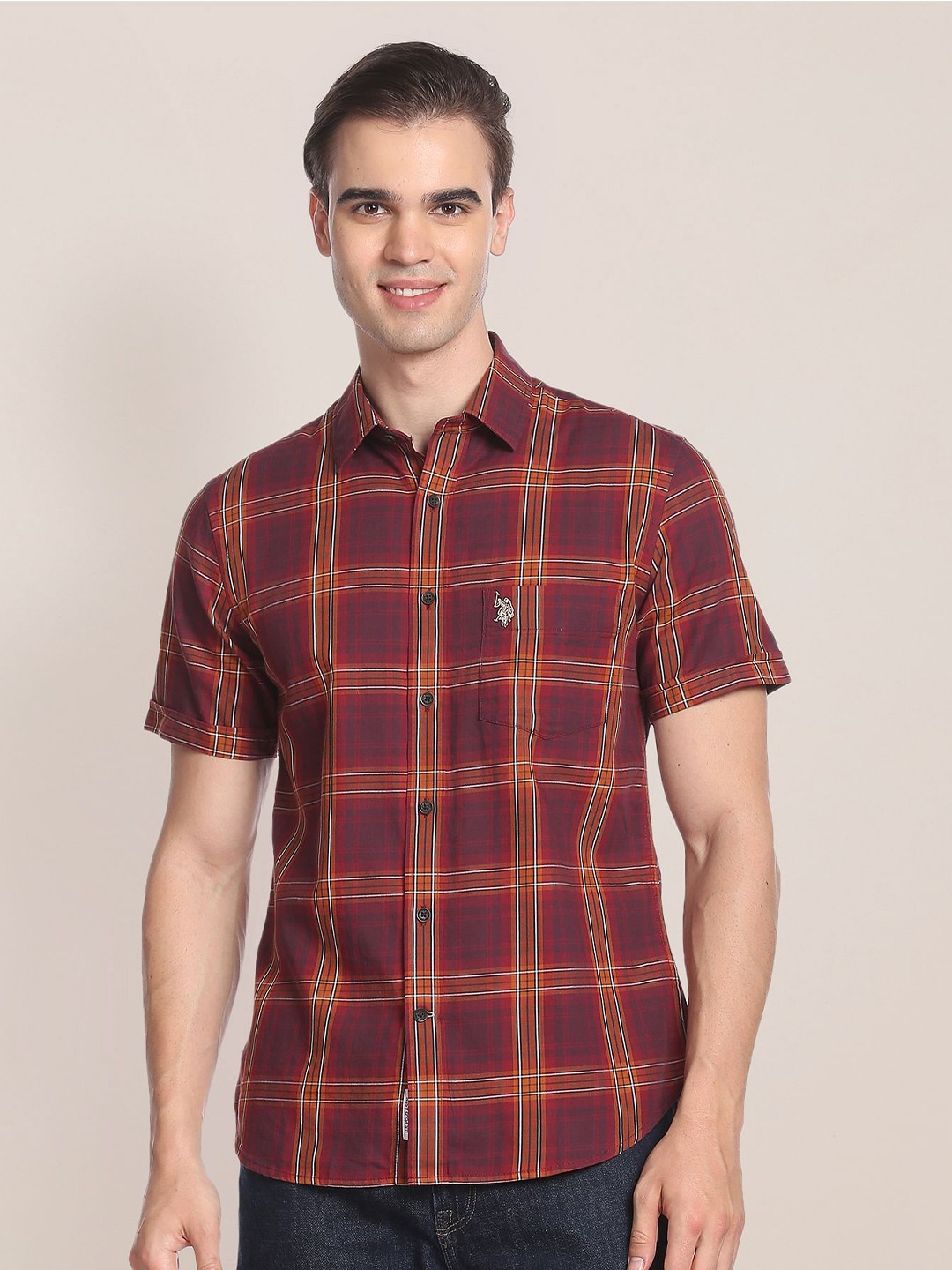 

U.S. Polo Assn. Men Tartan Checked Short Sleeves Pure Cotton Casual Shirt, Red