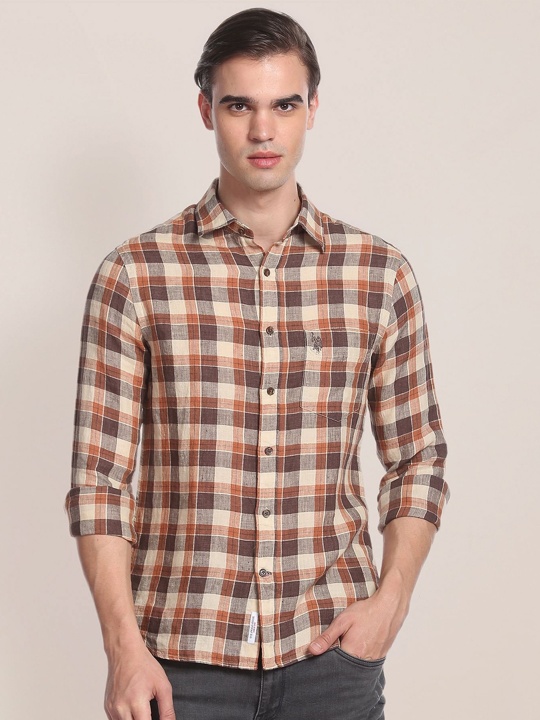 

U.S. Polo Assn. Men Tartan Checks Spread Collar Long Sleeves Shirt, Brown