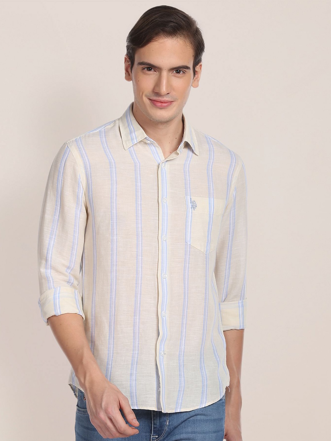 

U.S. Polo Assn. Vertical Stripes Striped Linen Cotton Casual Shirt, Yellow
