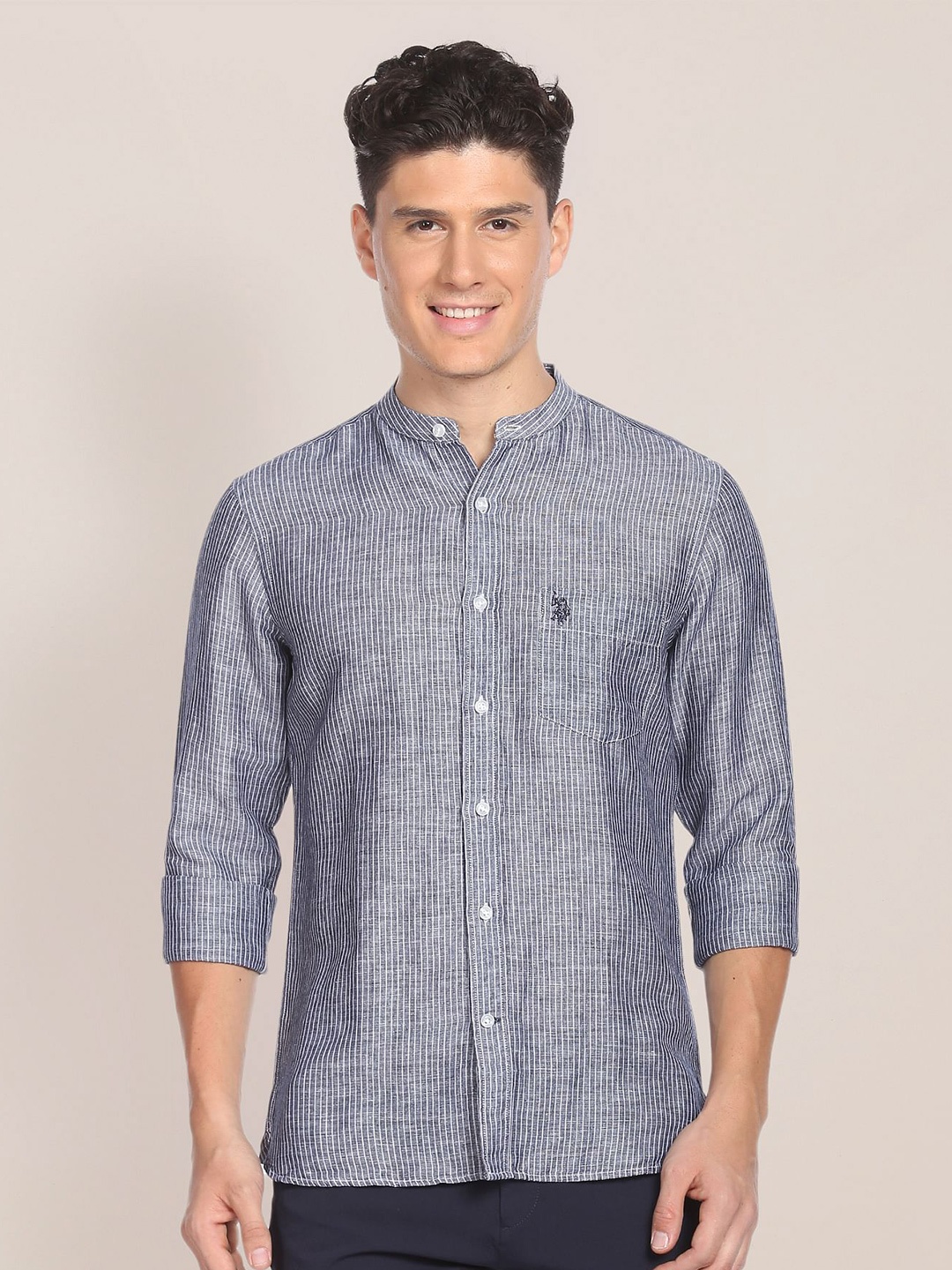 

U.S. Polo Assn. Vertical Stripes Striped Linen Cotton Casual Shirt, Blue