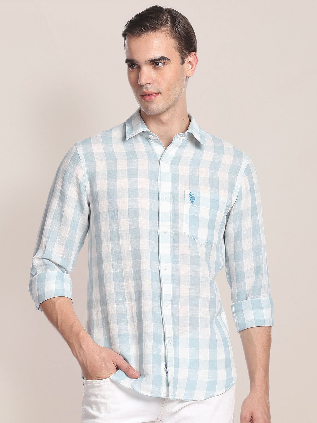 

U.S. Polo Assn. Gingham Checks Checked Linen Cotton Casual Shirt, Blue