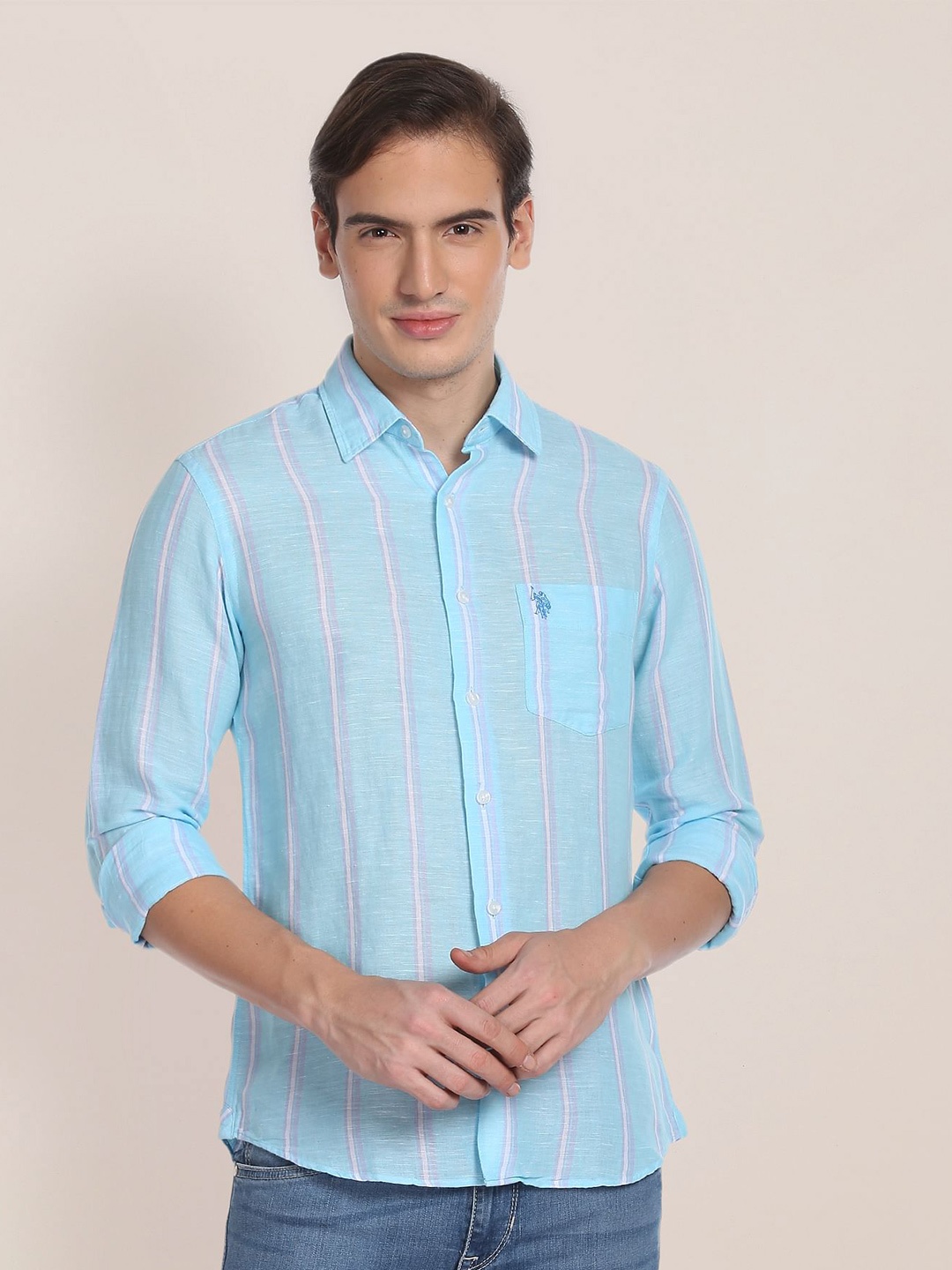 

U.S. Polo Assn. Vertical Stripes Striped Linen Cotton Casual Shirt, Blue