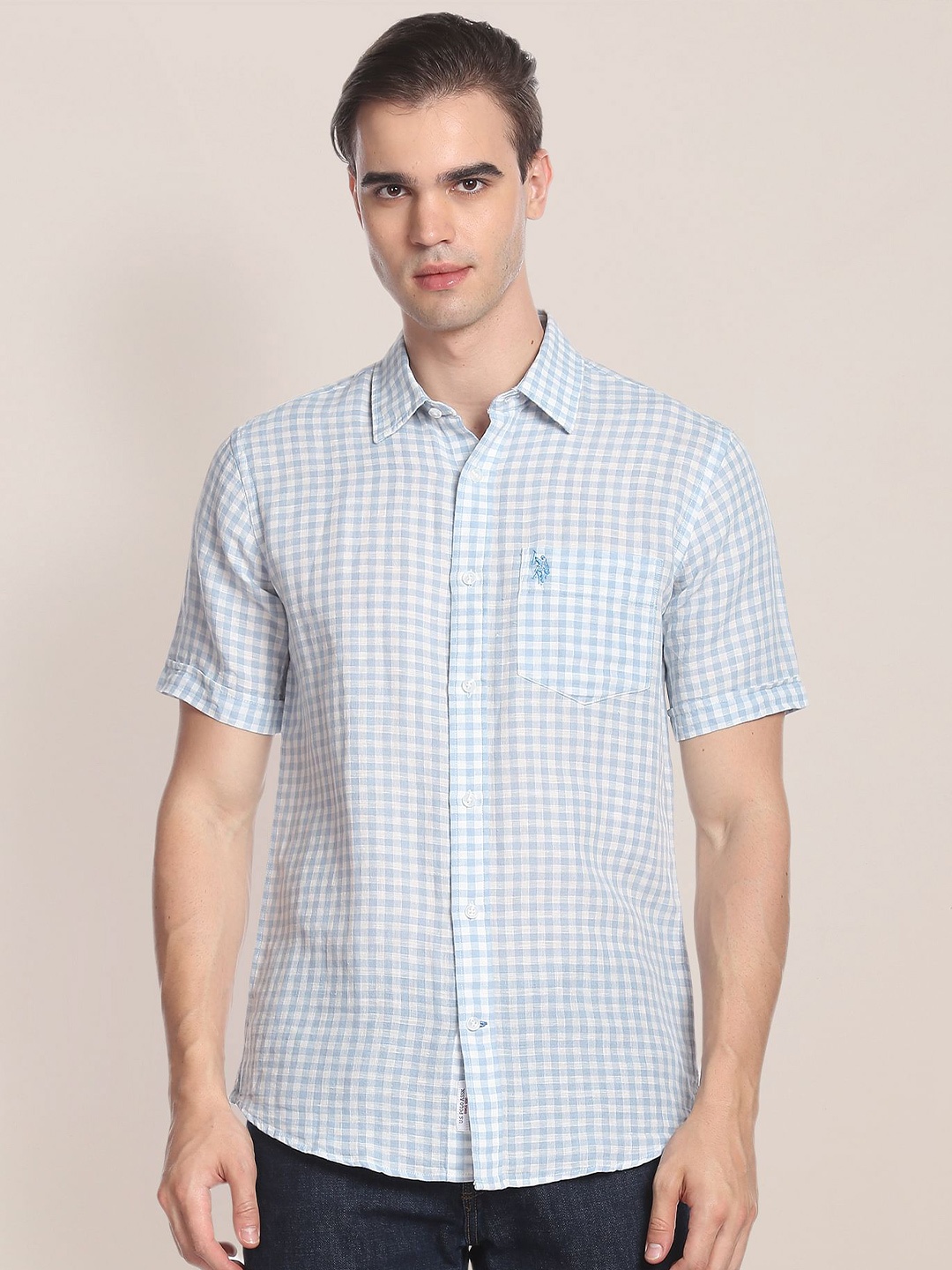 

U.S. Polo Assn. Gingham Checks Checked Linen Cotton Casual Shirt, Blue