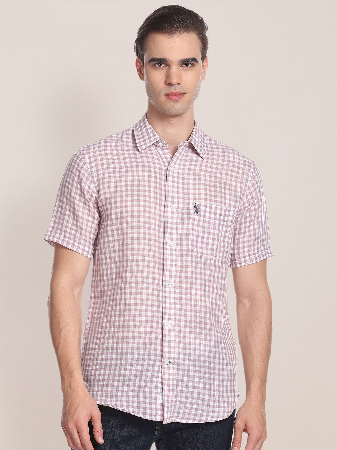 

U.S. Polo Assn. Gingham Checks Checked Linen Cotton Casual Shirt, Purple
