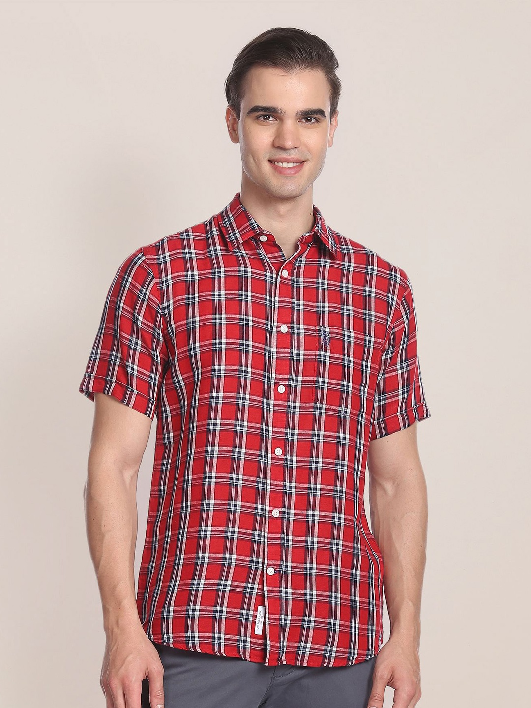 

U.S. Polo Assn. Tartan Checks Checked Linen Cotton Casual Shirt, Red