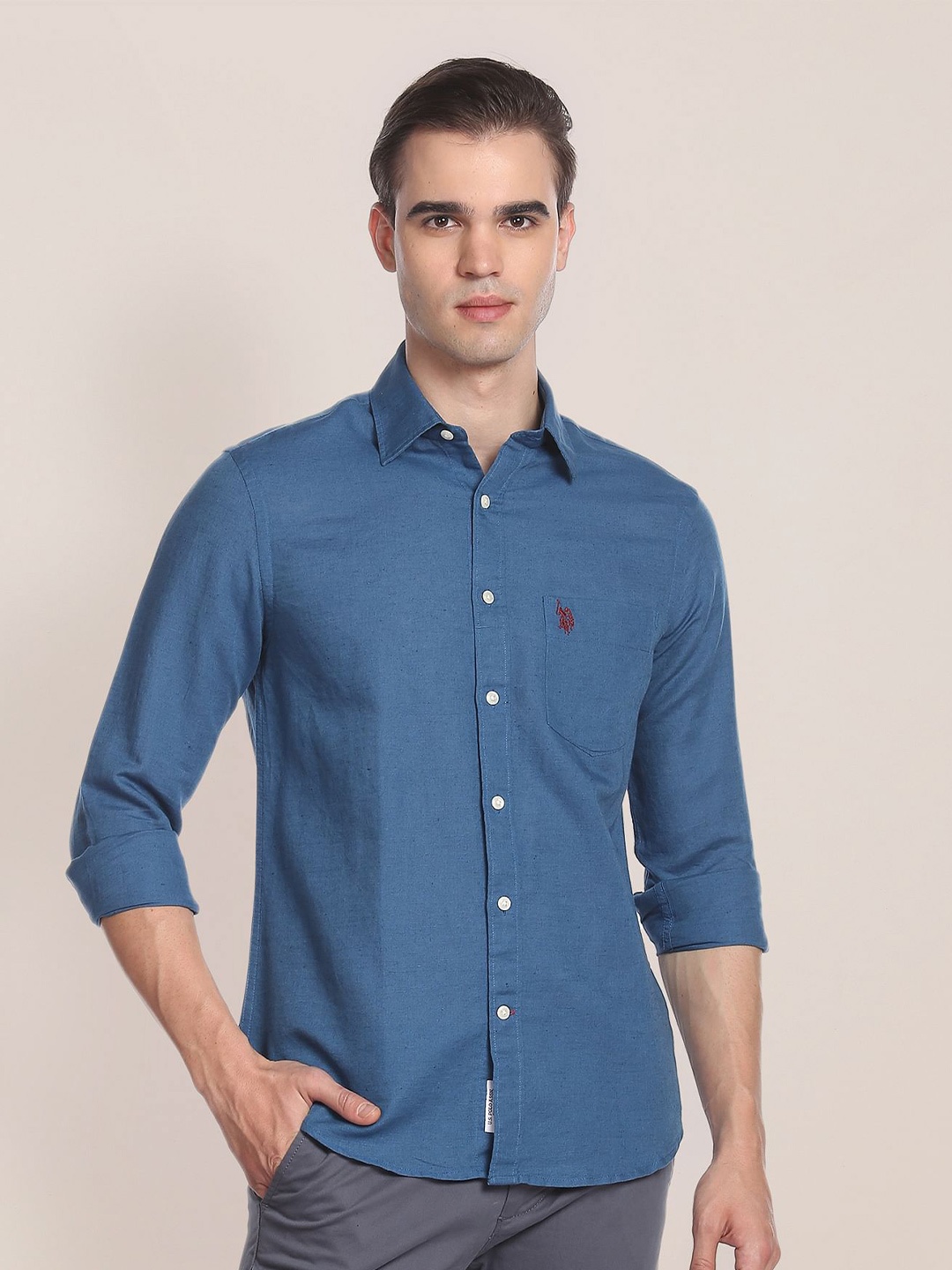 

U.S. Polo Assn. Spread Collar Linen Cotton Casual Shirt, Blue