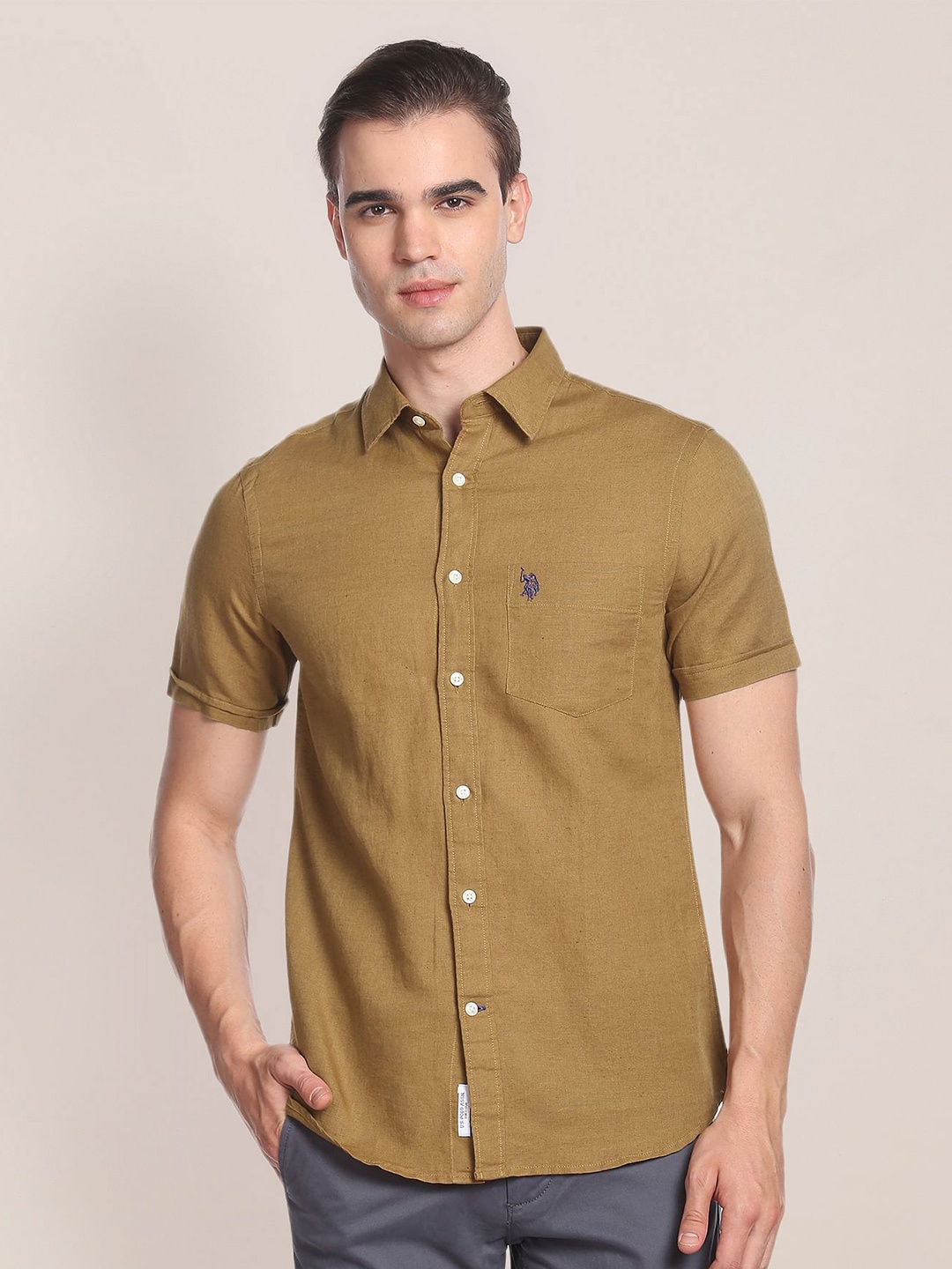 

U.S. Polo Assn. Spread Collar Linen Cotton Casual Shirt, Brown