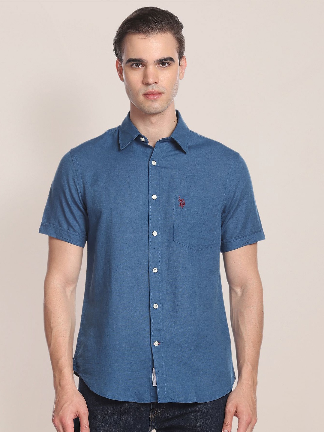 

U.S. Polo Assn. Spread Collar Linen Cotton Casual Shirt, Blue