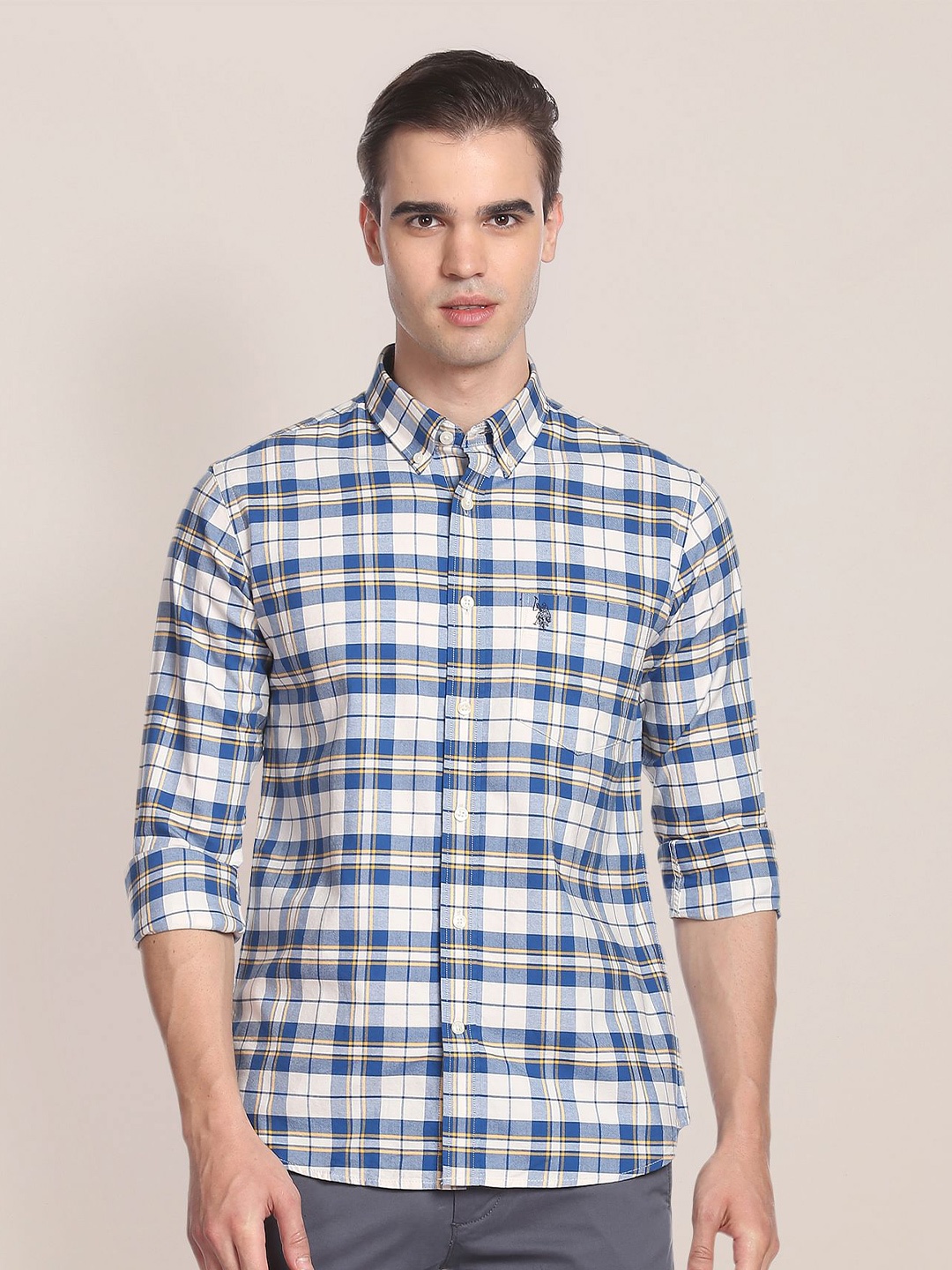 

U.S. Polo Assn. Tartan Checks Checked Oxford Pure Cotton Casual Shirt, White