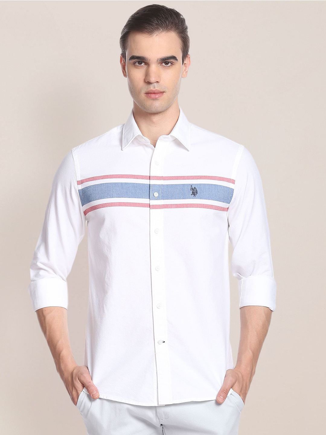 

U.S. Polo Assn. Horizontal Stripes Striped Pure Cotton Casual Shirt, White