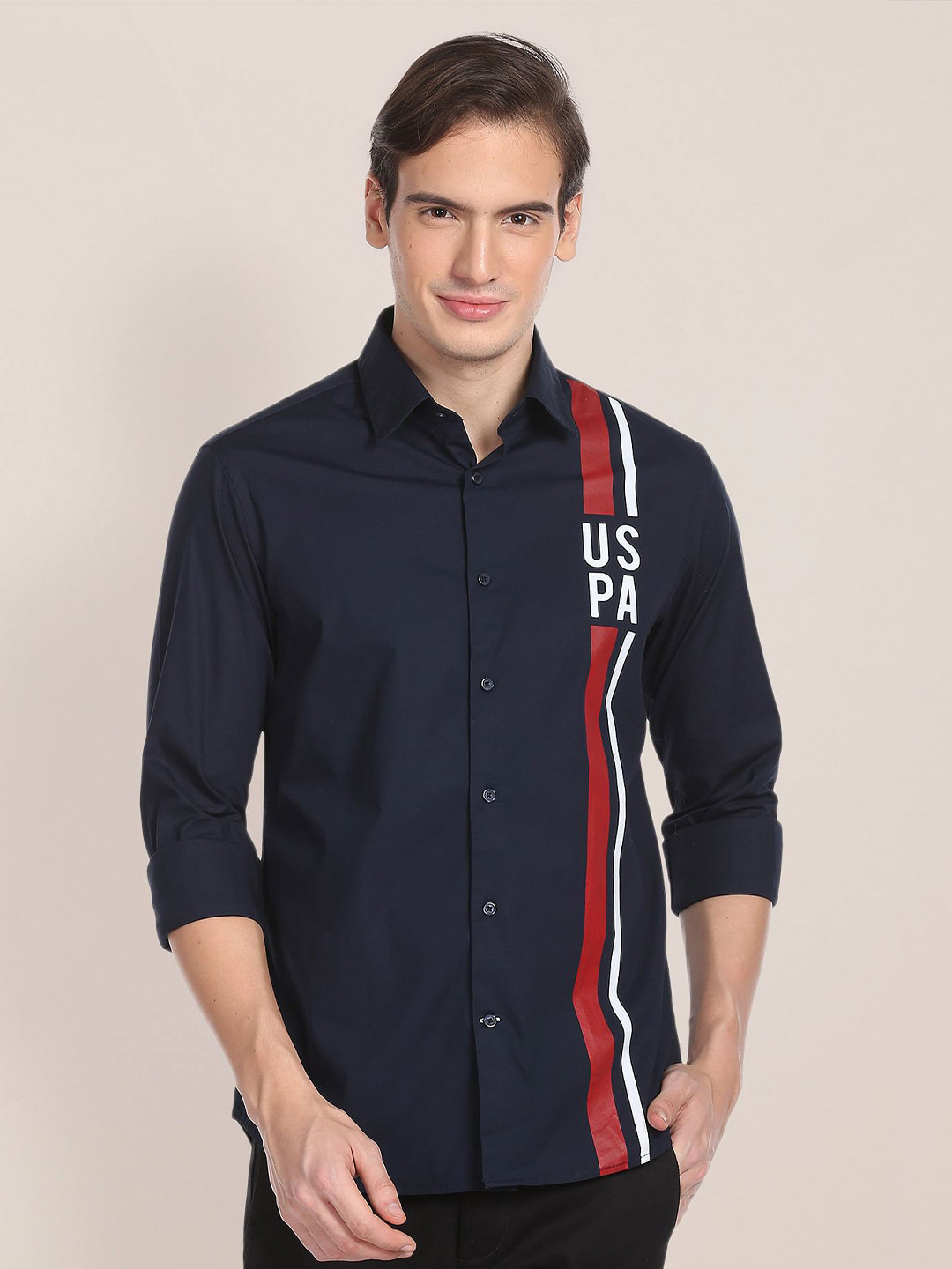 

U.S. Polo Assn. Typography Printed Brand Stripe Casual Shirt, Blue