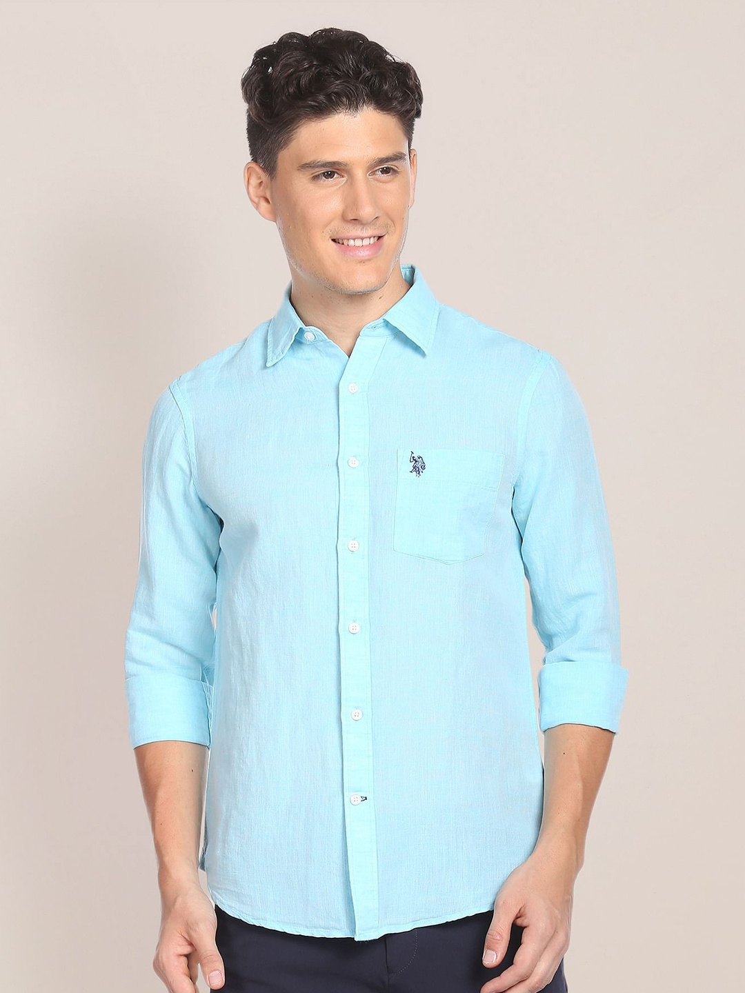 

U.S. Polo Assn. Spread Collar Linen Cotton Casual Shirt, Blue