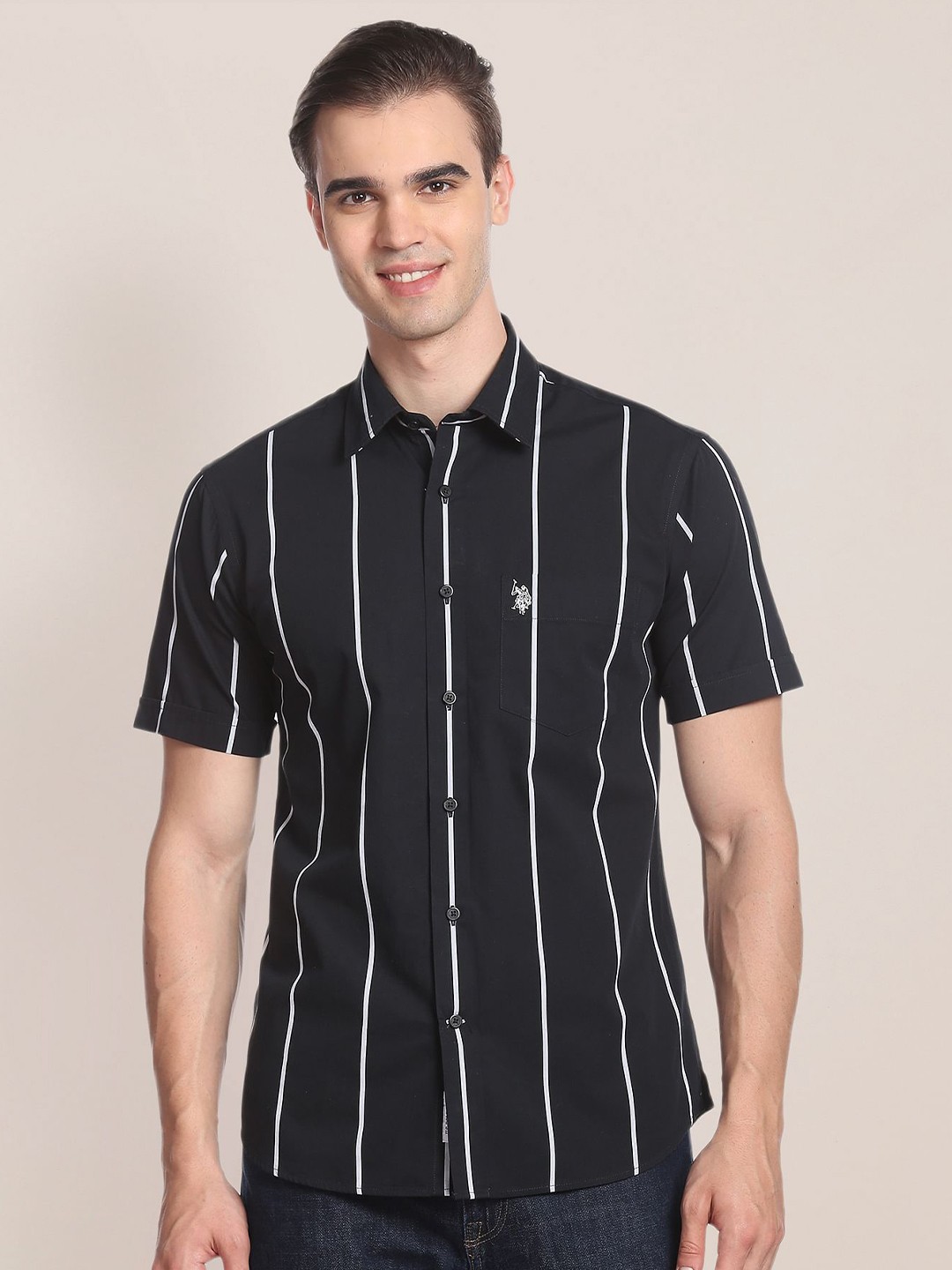 

U.S. Polo Assn. Vertical Stripes Striped Pure Cotton Casual Shirt, Black