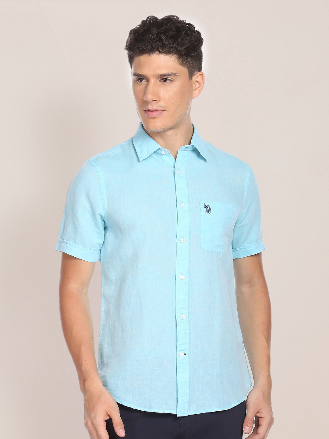 

U.S. Polo Assn. Spread Collar Linen Cotton Casual Shirt, Blue