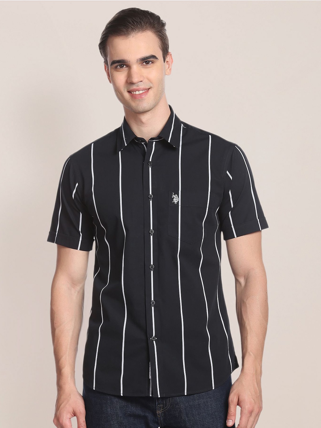 

U.S. Polo Assn. Vertical Stripes Striped Pure Cotton Casual Shirt, Black