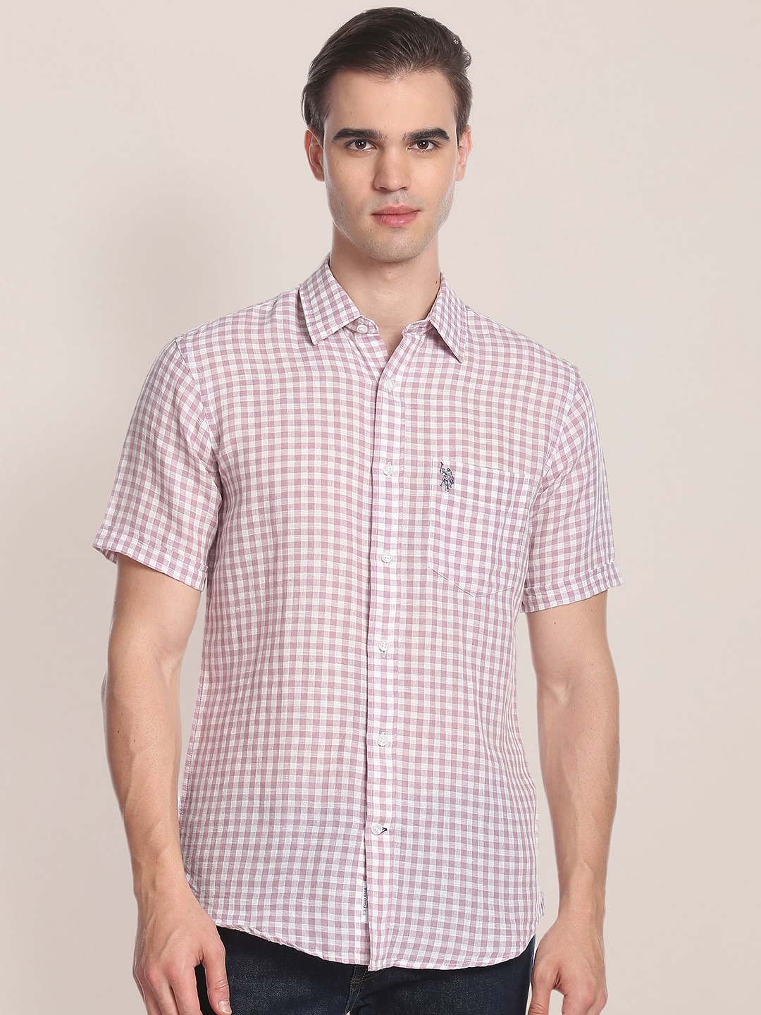 

U.S. Polo Assn. Gingham Checks Checked Linen Cotton Casual Shirt, Purple