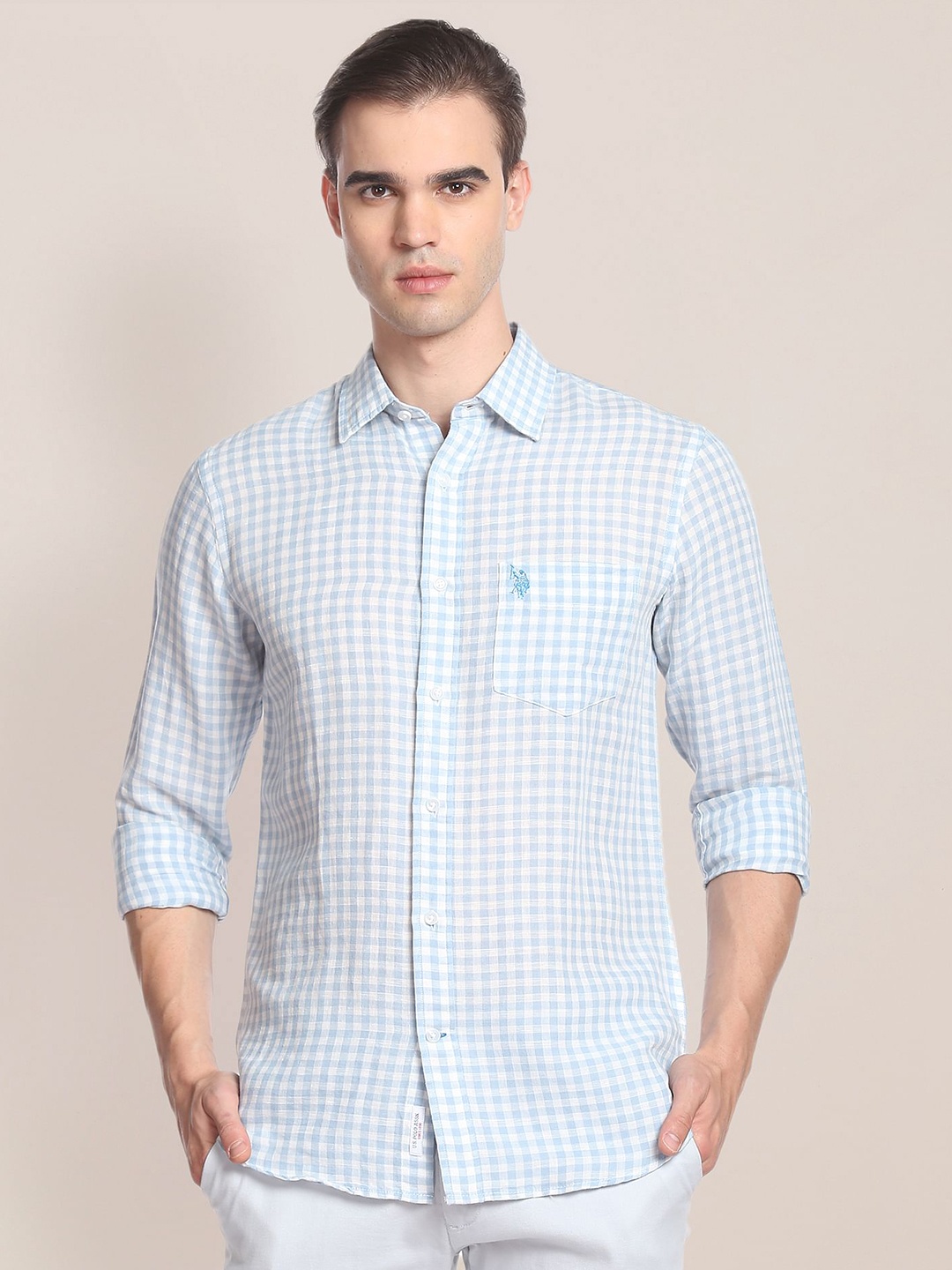 

U.S. Polo Assn. Gingham Check Checked Linen Cotton Casual Shirt, Blue