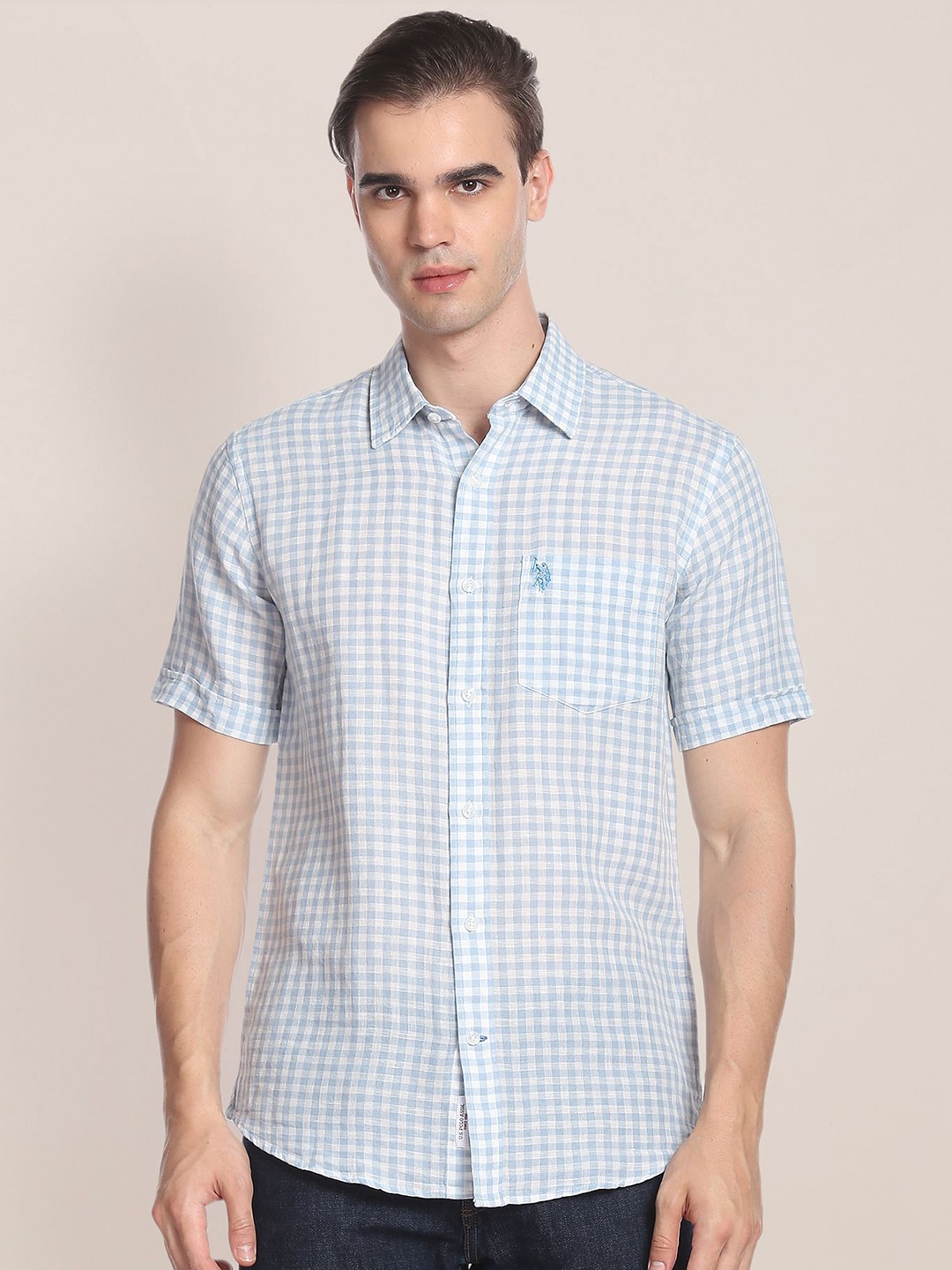 

U.S. Polo Assn. Gingham Checks Checked Linen Cotton Casual Shirt, Blue