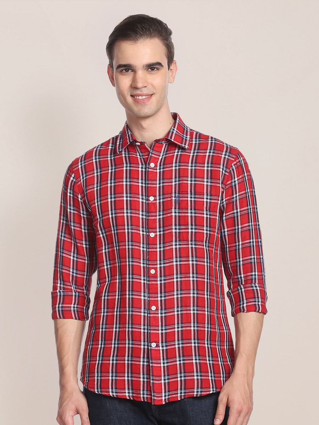 

U.S. Polo Assn. Tartan Checks Checked Linen Cotton Casual Shirt, Red