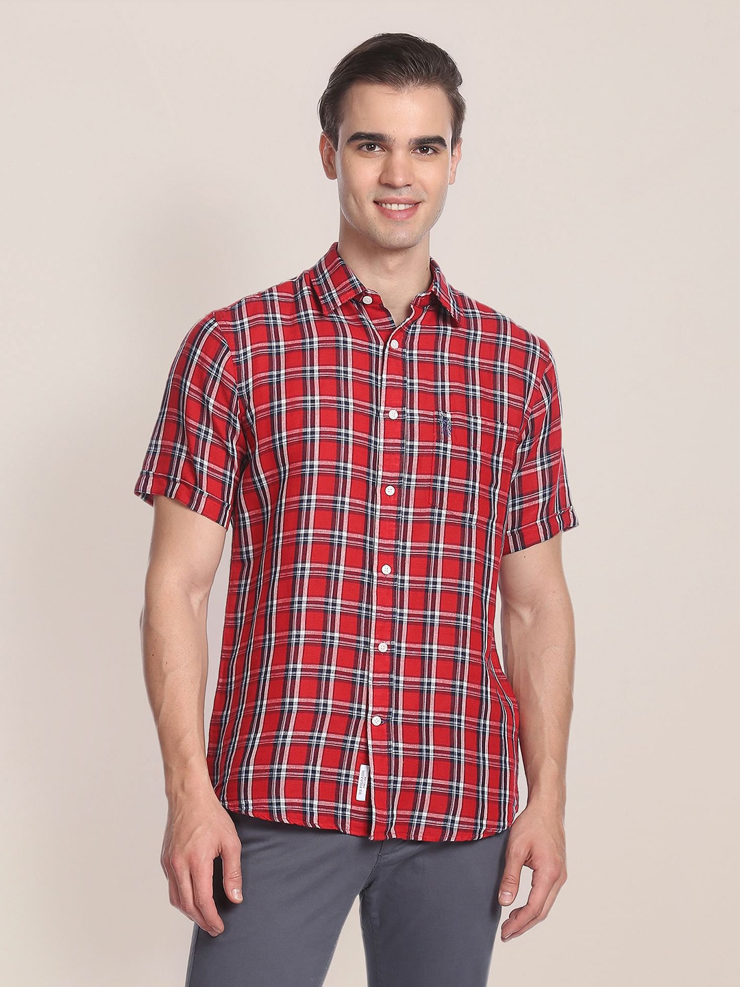 

U.S. Polo Assn. Tartan Checks Checked Linen Cotton Casual Shirt, Red